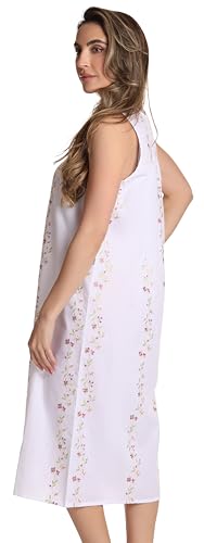 Dreamcrest Women's Sleeveless Nightgown, Floral Embroidered Cotton Blend Waltz Sleep Dress with Button Front - color: White, size: Medium