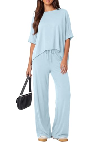 Darong Womens 2 Piece Matching Lounge Sets Travel Outfit Summer Tracksuit - color: Blue, size: Large