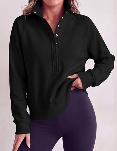 PRETTYGARDEN Women's Fall Oversized Sweatshirts Mock Neck Henley Pullover - color: Black, size: Large
