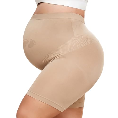 Maternity Shapewear for Under Dresses Over Belly Pregnancy Underwear Mid-Thigh High Waist Shorts Panties for Baby Shower - color: Nude, size: Large