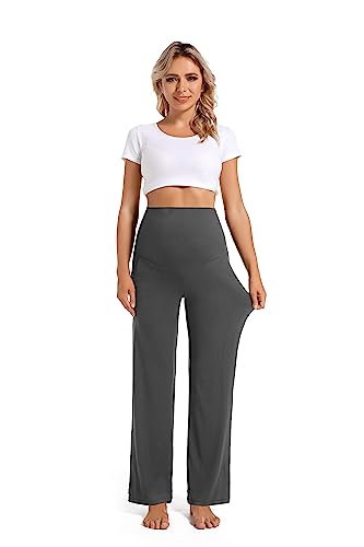 Foucome Women's Maternity Pants Wide Leg Pregnancy Work Pants - color: 2 Pack Black+grey, size: Small