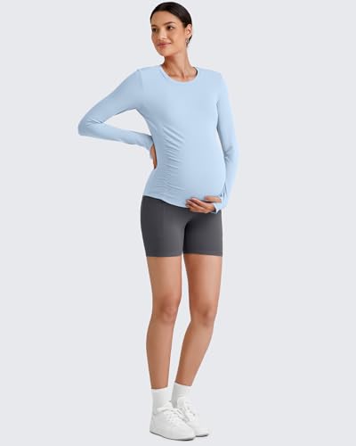 G4Free BareFeel Pregnancy Workout Tops Maternity Long Sleeve Shirts Ruches - color: Light Denim, size: Medium