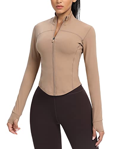 AVGO Women's Cropped Running Workout Jackets Zip Slim Fit Athletic Tops with Thumb Holes - color: Cream Coffee, size: Small