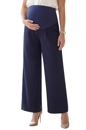 OUGES Women's Wide Leg Summer Business Casual Maternity Pants with Pockets - color: Navy, size: Large