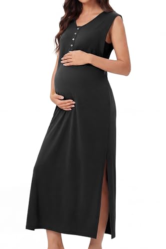 OUGES Women's Anti-Wrinkle Airy Layer Summer Maternity Dress V Neck Split Midi Nursing Dresses with Pockets 2026 - color: Black, size: Small