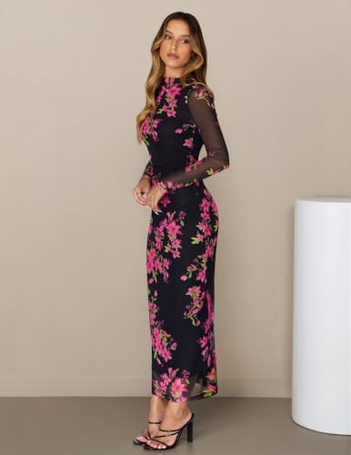 MEROKEETY Womens Fall Long Sleeve Floral Wedding Guest Maxi Dress - color: Black, size: Large