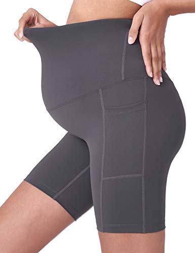 POSHDIVAH Maternity Biker Shorts Over the Belly with Pockets 5"/8" - color: Black Grey, size: X-Small