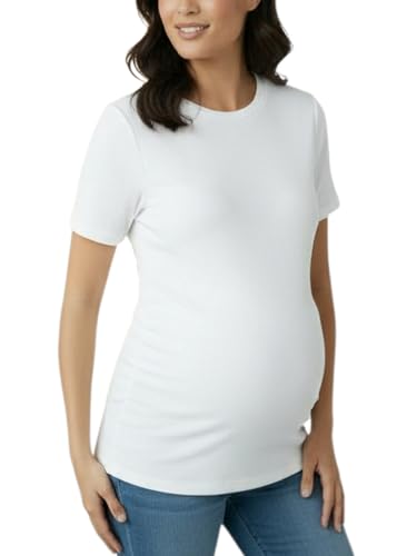 Motherhood Maternity Women's Short Sleeve Crew Neck Side Ruching Pregnancy Tee Shirt - color: White, size: Medium