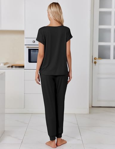 Ekouaer Womens Pajama Sets 2 Piece Lounge Set Short Sleeve Jogger Pants Pjs - color: Black, size: Medium