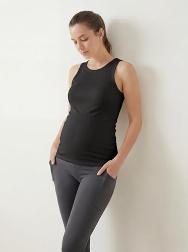 OUGES Women's Cotton Maternity Tank Tops with Built in Bras Sleeveless Crewneck Ribbed Knit Pregnancy Clothes 2026 - color: Black, size: Large