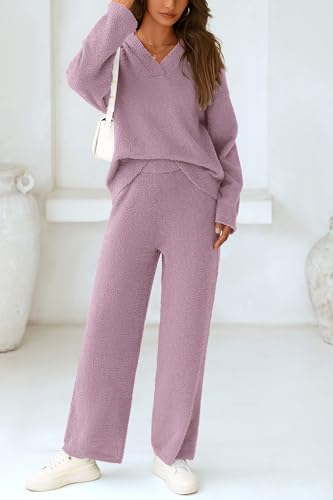 PRETTYGARDEN Lounge Sets for Women 2 Piece Pajama Set - color: Bean Paste Purple, size: Large