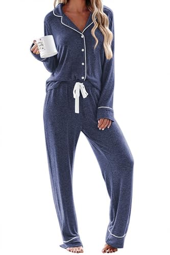 Ekouaer Women's Pajamas Long Sleeve Loungewear Casual Button Down Pjs - color: Dark Blue, size: Medium