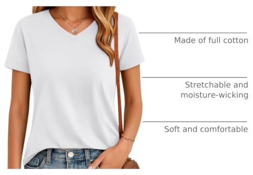 YUCOLEN Womens Shirts Cotton Short Sleeve Tops V Neck Casual Basic Tees - color: A-white, size: Medium