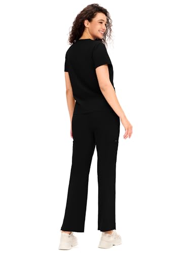 COZYFIT Scrubs for Women - V Neck Top & Cargo Straight Pants 12 Pockets - color: Black, size: Large