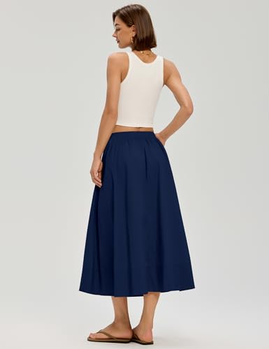 LOMON Midi Skirts for Women with Pockets A-Line Cotton Flowy Elastic Waist - color: Navy Blue, size: Small