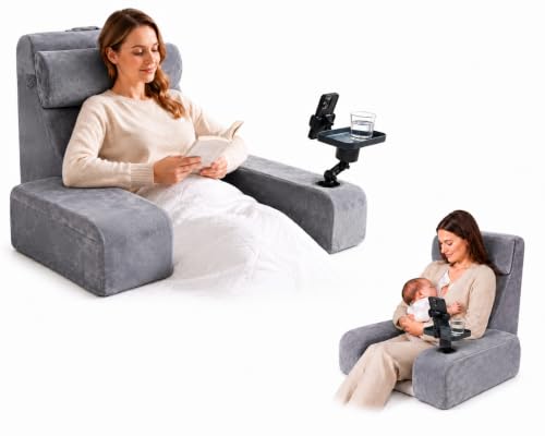 Reading Pillow for Adults – 24in XL, Cup Holder, Phone Caddy & Tray Mount - color: Grey