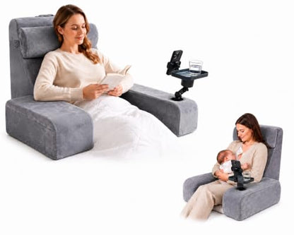 Reading Pillow for Adults – 24in XL, Cup Holder, Phone Caddy & Tray Mount - color: Grey