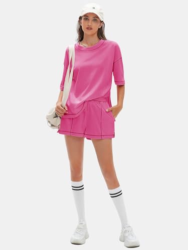 EXLURA Womens Short Sets 2 Piece Outfits Summer 100% Cotton Matching Set - color: Hot Pink, size: X-Small
