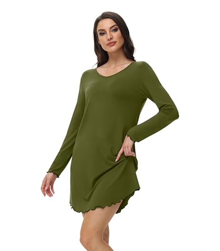 WiWi Women's Viscose from Bamboo Nightgown Long Sleeve Nightshirt Soft Sleep Dress Loose Comfy Pajama Sleepwear S-XXL - color: B-army Green, size: XX-Large