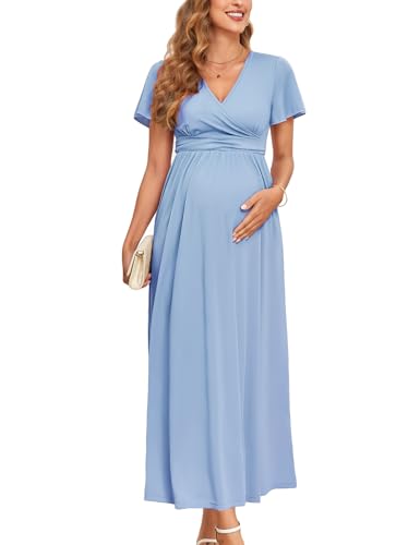 AISWI 2025 Women's Maternity Maxi Dress Long Sleeve Wrap V Neck Pregnancy Dresses with Pockets Baby Shower Photoshoot Formal - color: 1. Ruffle Sleeve, Light Blue, size: Small