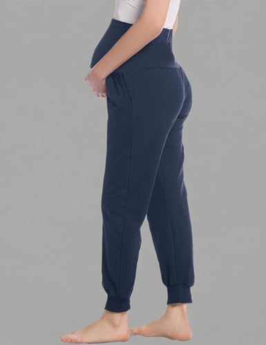 Joyaria Cotton Maternity Jogger Pants Over-the-Belly,Maternity Clothes - color: Navy Blue, size: XX-Large