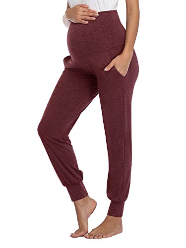 AMPOSH Women's Maternity Pants Stretchy Lounge Workout Sweatpants Casual Loose Comfy Pregnancy Joggers with Pockets - color: Heather Burgundy, size: XX-Large