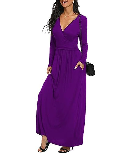 LILBETTER Women Long Sleeve Deep V Neck Loose Plain Long Maxi Casual Dress - color: Purple, size: Large