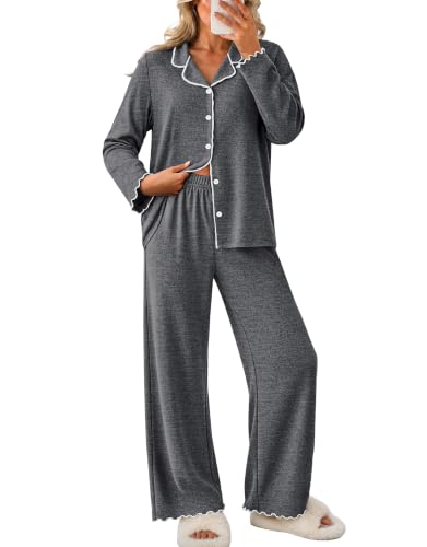 WIHOLL Women's Pajamas Sets Cute Ruffle Long Sleeve Button Up 2 Piece Pjs - color: Grey, size: Medium