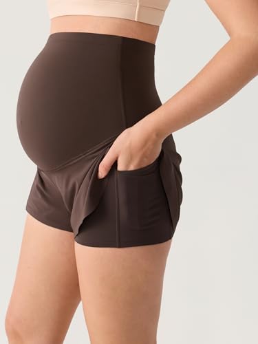 MOMANDA Athletic Maternity Dolphin Shorts 3" - color: Clay Brown, size: X-Small