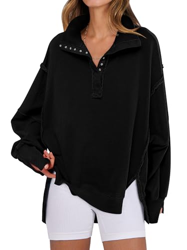ANRABESS Sweatshirt for Women Oversized Casual Fall Henley Pullover Top - color: Black, size: Medium