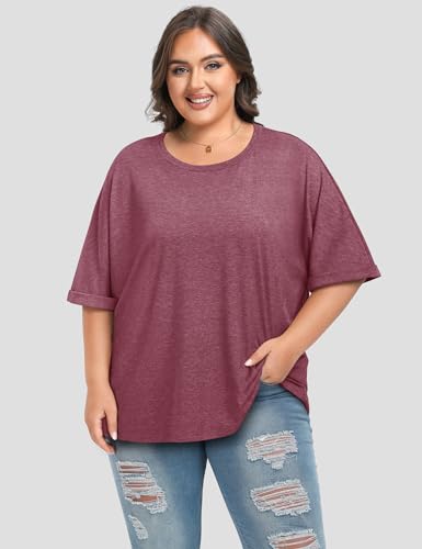 UEU Women's Oversized Crewneck T-Shirt Casual Loose Tunic Tops - color: Heather Rose, size: Small