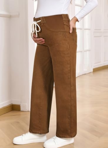 BLENCOT Maternity Jeans High Waisted Drawstring Straight Leg Denim Pants - color: Brown, size: Large