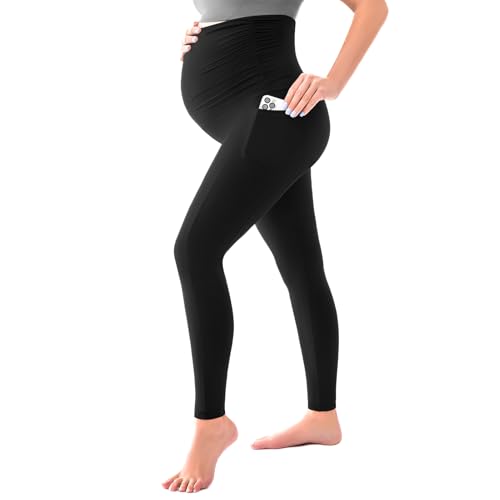 SINOPHANT Maternity Leggings with Pockets Over Belly Yoga Pants - color: Black, size: Medium