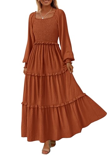 PRETTYGARDEN Women's Smocked Long Sleeve Maxi Dress Wedding Guest Dresses - color: Brown, size: Medium