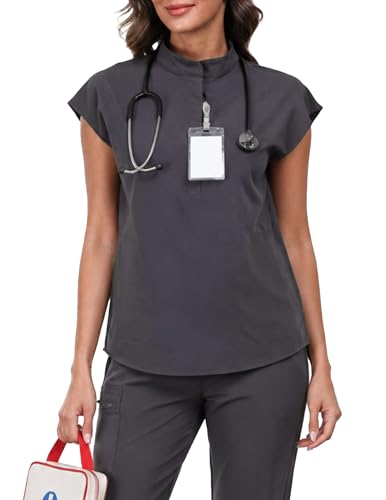 VECARDI Womens Scrub Top Zip Front Dolman Sleeves with Pockets - color: Grey, size: XX-Large