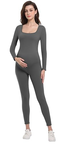 V VOCNI Maternity Jumpsuit Long Sleeve Women's Square Neck Bodysuit - color: Grey, size: X-Large