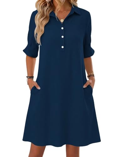 FEKOAFE Womens Casual Dress V Neck Short Sleeve Shift Dresses with Pockets - color: Aa-navy Blue, size: Small