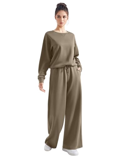 SUUKSESS Women Modal 2 piece outfits Oversized Sweatshirt Wide Leg Pants - color: Khaki, size: Medium