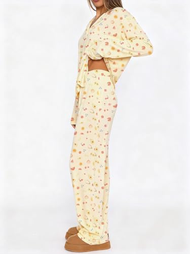 Dressmine Ladies Long Sleeve Cute Pajama Sets 2 Piece Fall Outfits - color: Yellow Fruit, size: Large