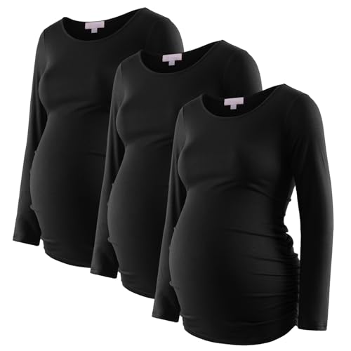 Bhome Women's Maternity Shirts 3 Packs Long Sleeve Pregnancy Tops Basic Side Ruched Tunic Blouse - color: Black/Black/Black, size: Medium