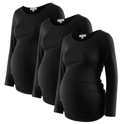 Bhome Women's Maternity Shirts 3 Packs Long Sleeve Pregnancy Tops Basic Side Ruched Tunic Blouse - color: Black/Black/Black, size: Medium