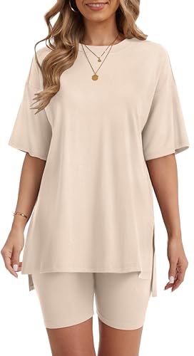 RUBZOOF Women 2 Piece Lounge Sets Summer Outfits Shorts Set - color: Beige, size: Small