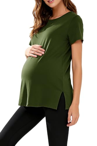 Women's Maternity Shirts Short Sleeve Split Hem Pregnancy Tops Clothes - color: Army Green, size: Large