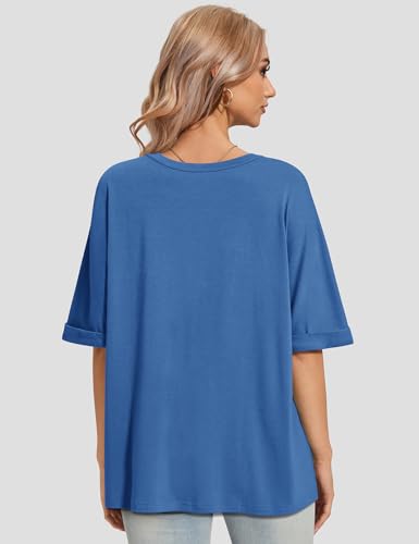 UEU Women's Oversized Crewneck T-Shirt Casual Loose Tunic Tops - color: Blue, size: X-Large