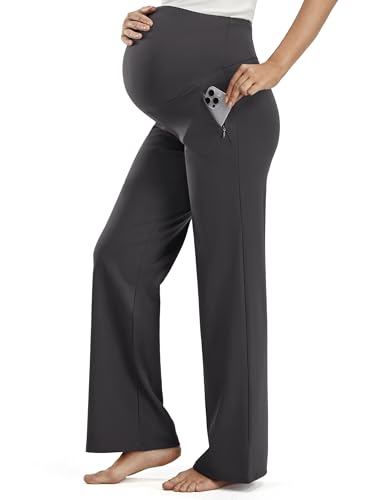 JOYSPELS Smooth Feeling Wide-Leg Maternity Work Pants Soft Pregnancy Yoga Pants with Zippered Pockets Over The Belly - color: Mixgrey, size: Small