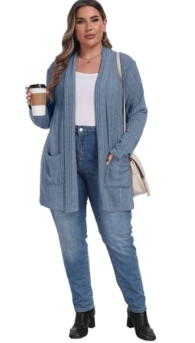 OLRIK Womens Plus Size Cardigan Loose Outwear with Pockets - color: C-blue, size: 3X