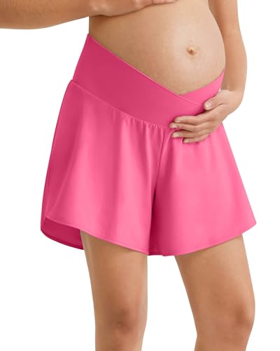 G4Free Chillwhisp Maternity Athletic Shorts Cross Waist Pregnancy Shorts - color: Rosy Pink, size: Small