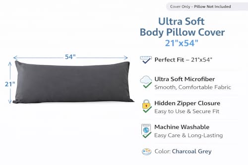 EVOLIVE Body Pillow Cover 21"x54", Microfiber Hidden Zipper (Charcoal Grey) - color: Charcoal Grey
