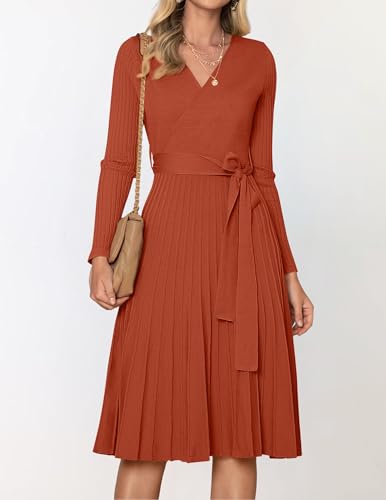 ZESICA Women's Long Sleeve Wrap Sweater Midi Dress with Belt - color: Rust, size: Medium