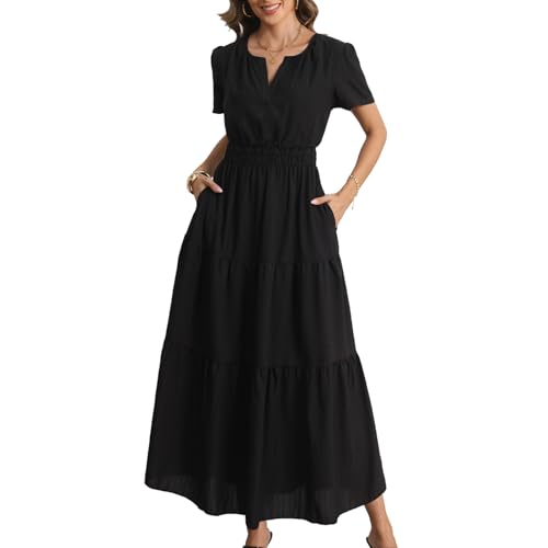 Rainday Maxi Dresses for Women Short Sleeves Casual Dress with Pockets - color: Z3918bk, size: X-Large